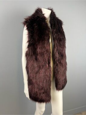 Faux Fur Long Vest in Deep Burgundy and Black Fur